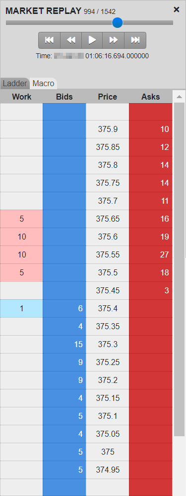 screenshot of ladder replay in trade surveillance software platform models for futures, options, fixed income, FX and equities trading